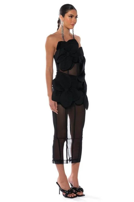 VALENTINA DIMENSIONAL MIDI DRESS in BLACK | AKIRA