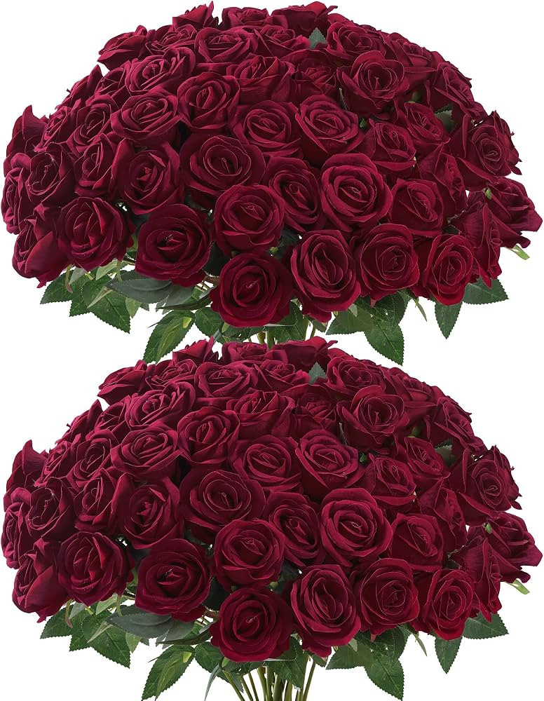 50 Pcs Artificial Roses Red Flowers Fake Velvet Silk Roses with Stems Bulk Realistic Faux Flowers... | Amazon (US)
