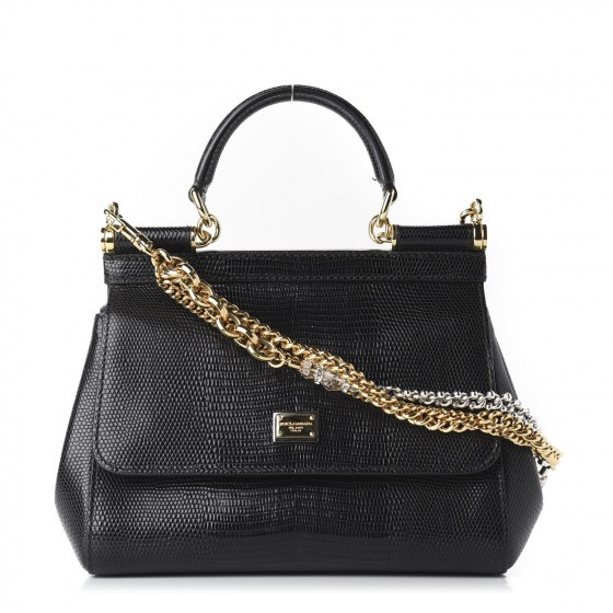 DOLCE & GABBANA Iguana Embossed Calfskin Mini Miss Sicily Chain Satchel Black | Fashionphile