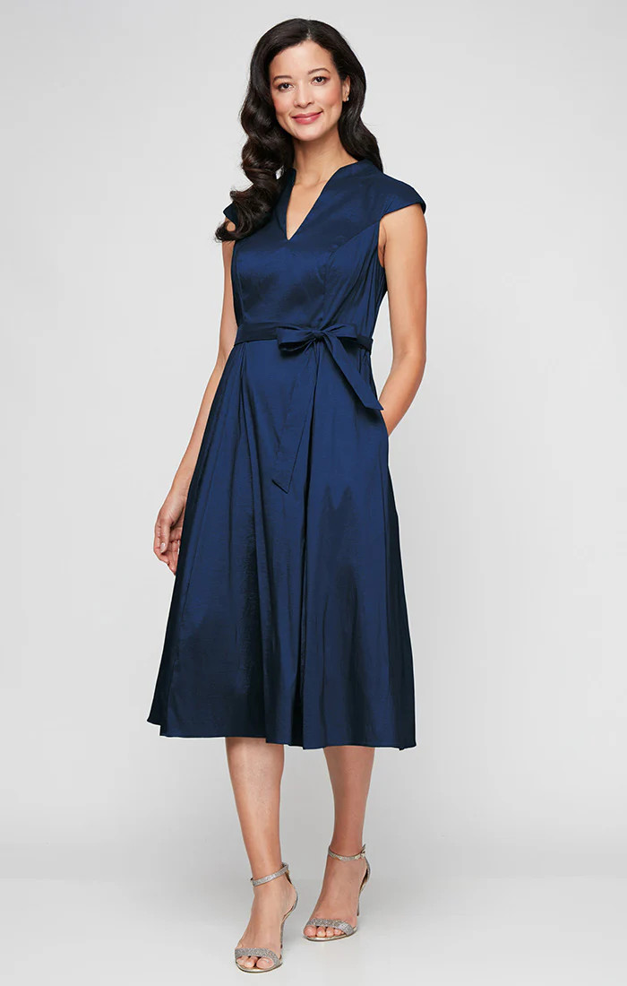 Stretch Taffeta Party Dress with A-Line Skirt & Tie Waist Detail | Alex Evenings
