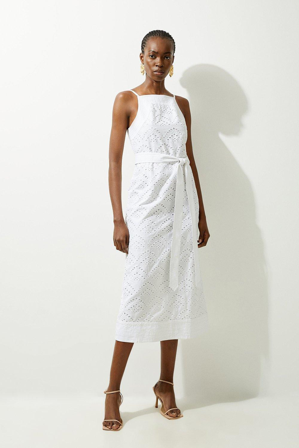 Cotton Eyelet Woven Belted Midaxi Dress | Karen Millen US