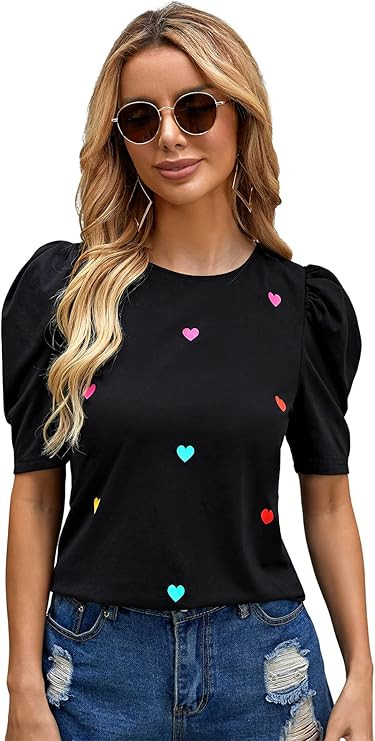 SheIn Women's Grid Office Blouse Work Top Puff Sleeve Shirt | Amazon (US)