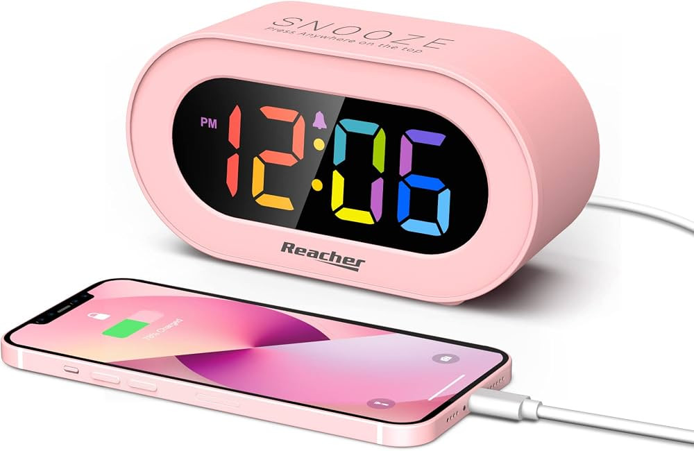REACHER Pink Girls Alarm Clock, Dimmable Colorful LED Digital Display, USB Phone Charger Port, Si... | Amazon (US)