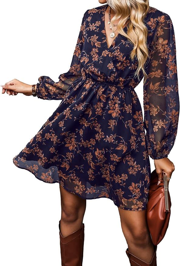 CUPSHE Women's Floral Print Chiffon A-Line Mini Dress Long Peasant Sleeves | Amazon (US)