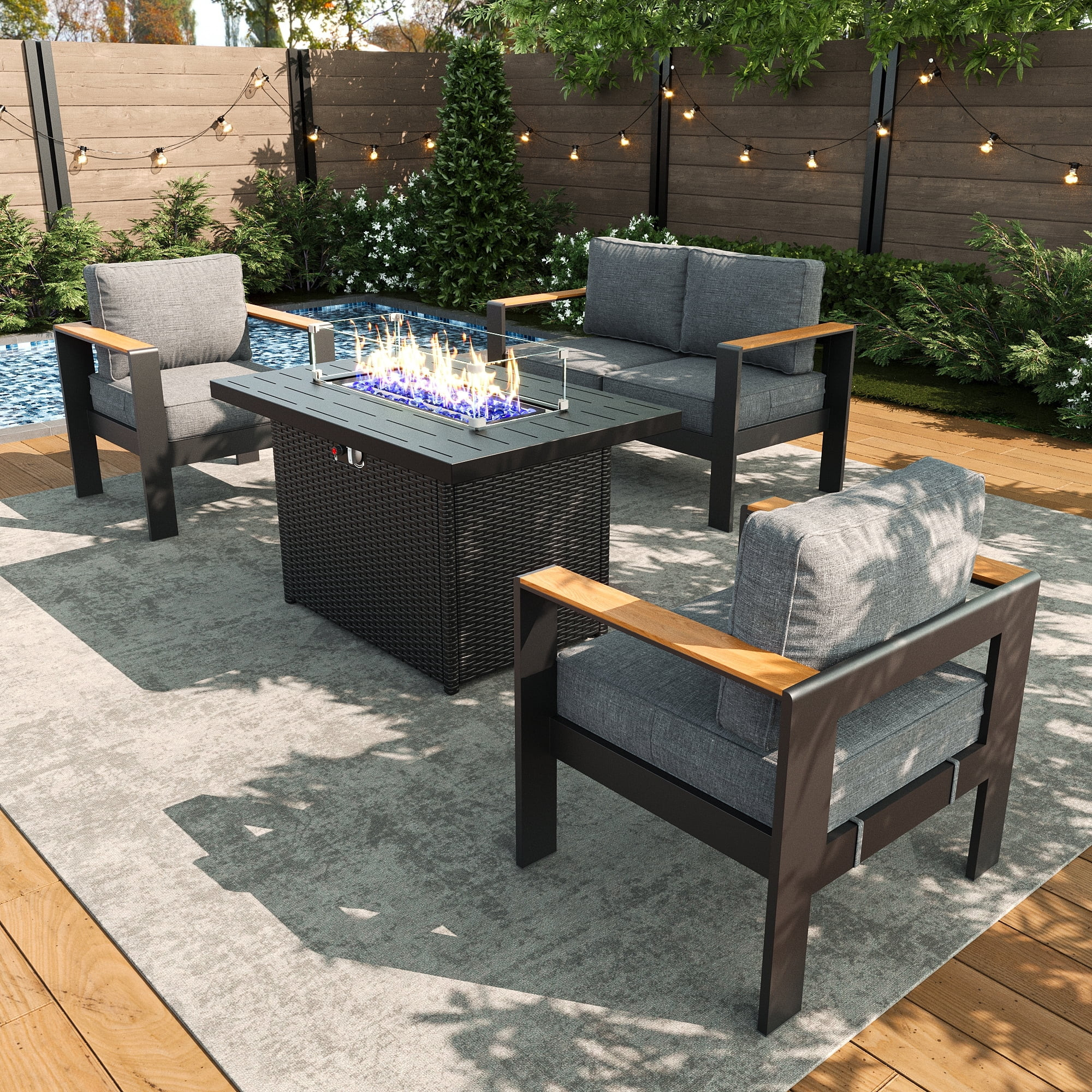 LayinSun Outdoor Aluminum Furniture Set with Fire Pit Table, Modern Patio Conversation Sets for P... | Walmart (US)