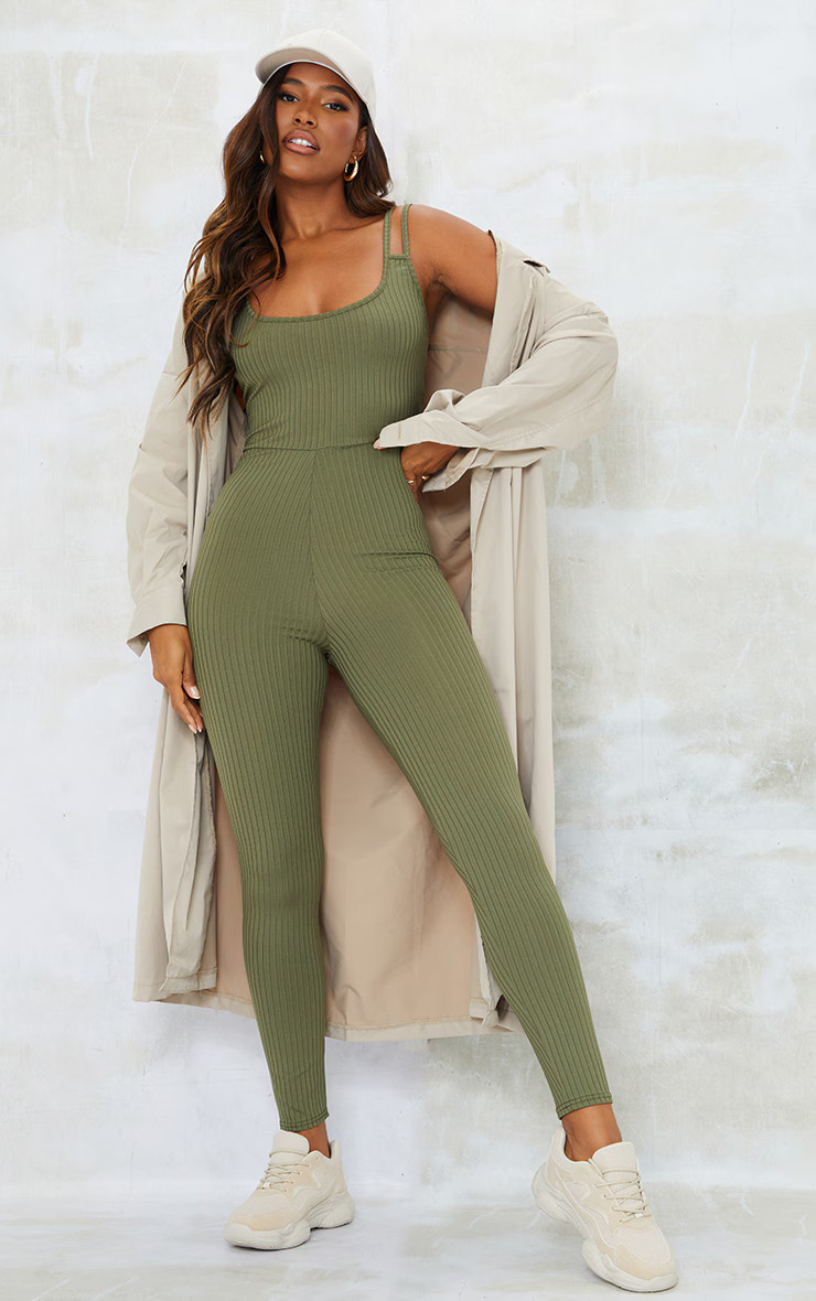 Khaki Rib Double Strap Jumpsuit | PrettyLittleThing US