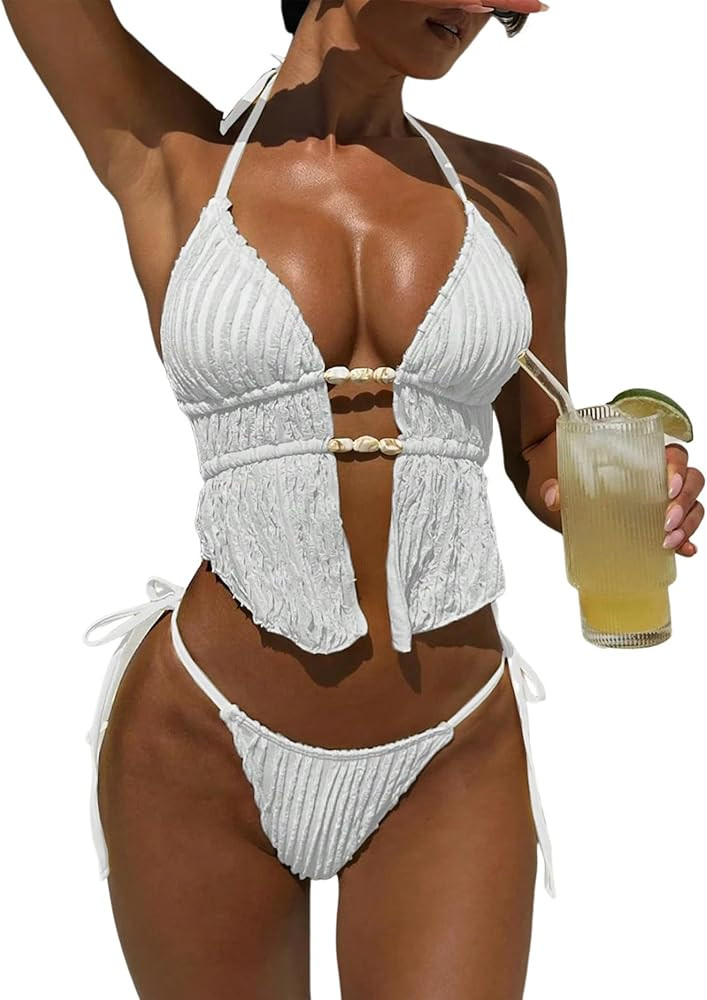 ZAFUL Halter Swimsuits for Women Textured Backless 2 Piece Bathing Suits Cheeky High Cut String T... | Amazon (US)