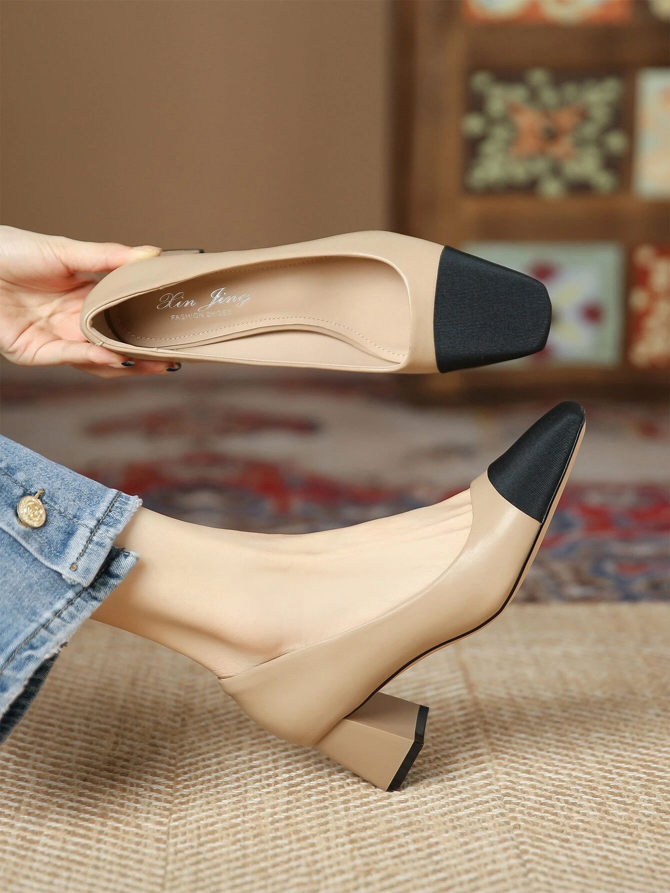 Women Two Tone Square Toe Chunky Heeled Pumps, Elegant Outdoor Court Pumps | SHEIN