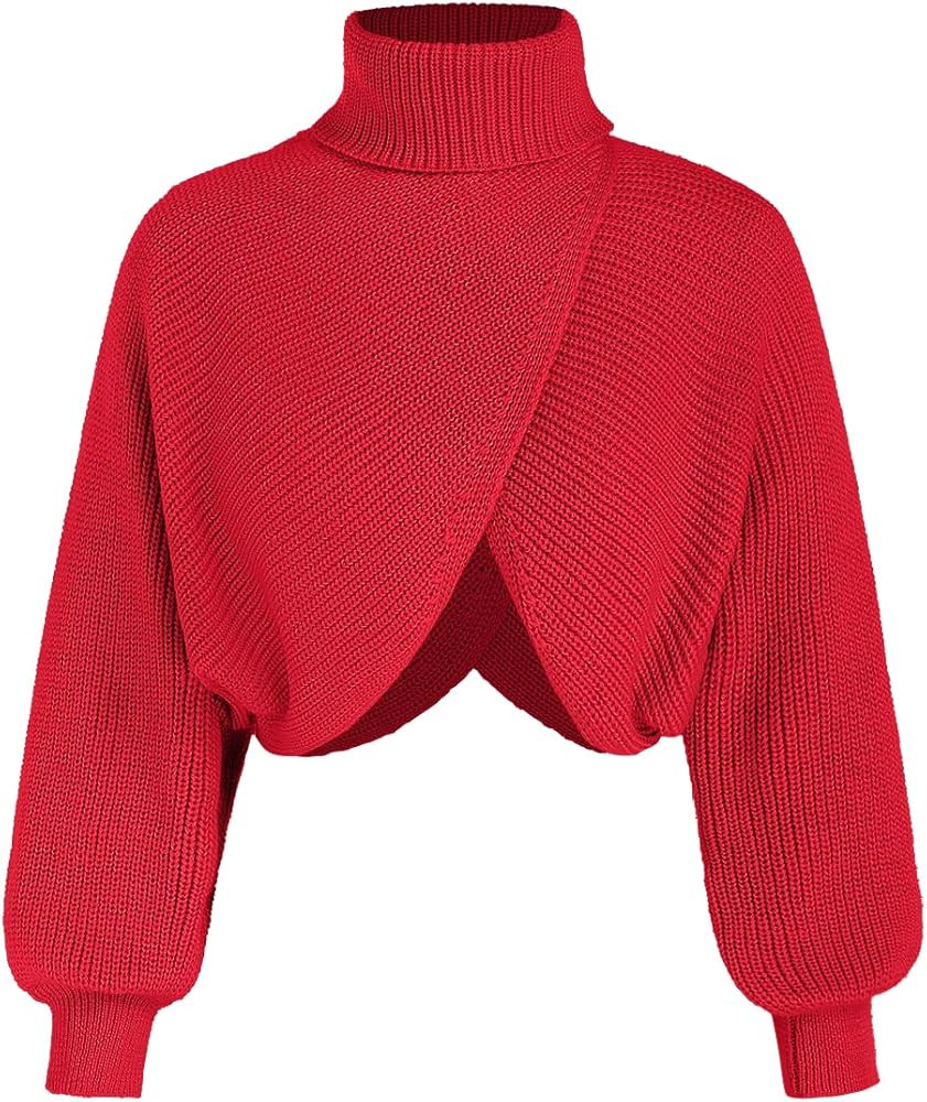 CIDER Cropped Sweaters for Women Turtleneck Long Sleeve Fall Sweaters Chunky Ribbed Knit Lantern ... | Amazon (US)