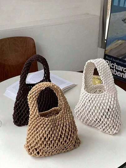1 Pc New Arrival Handwoven Net Bag,Women Mini Clutch, Solid Color String Knitting Handbag, Tote Knit Crochet Bag ,Top-Handle Handbags,Lightweight Portable Large Capacity Cute, For Shopping, Beach Party, Nice Gift For Woman Girls, Eye-Catching Beach Bag Summer | SHEIN