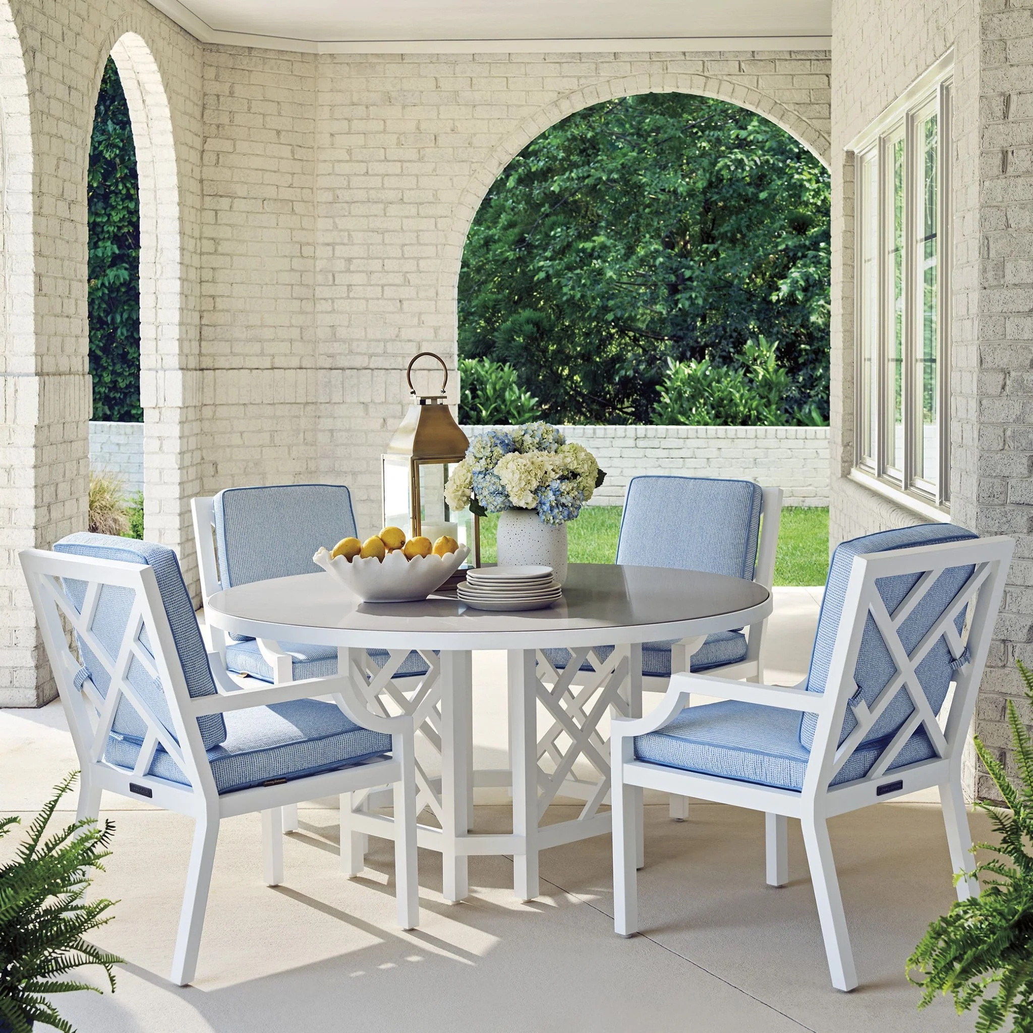 Blue and white outdoor patio dining set 