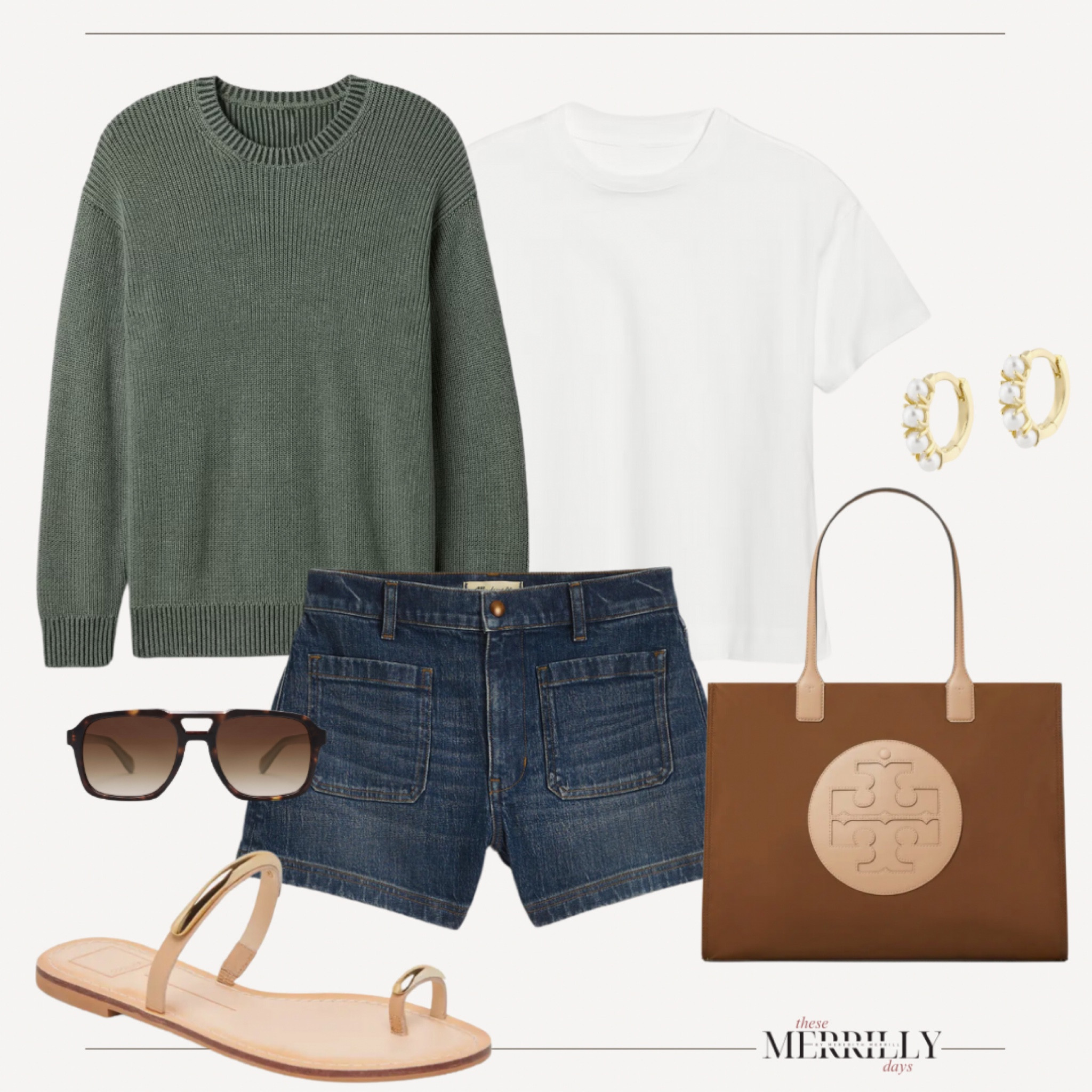 Transitional Spring Outfit Idea that’s casual but put together 👌🏼 I would drape the green sweater over my shoulders or layer over the white tee in the chilly mornings 

#LTKItBag #LTKShoeCrush #LTKStyleTip