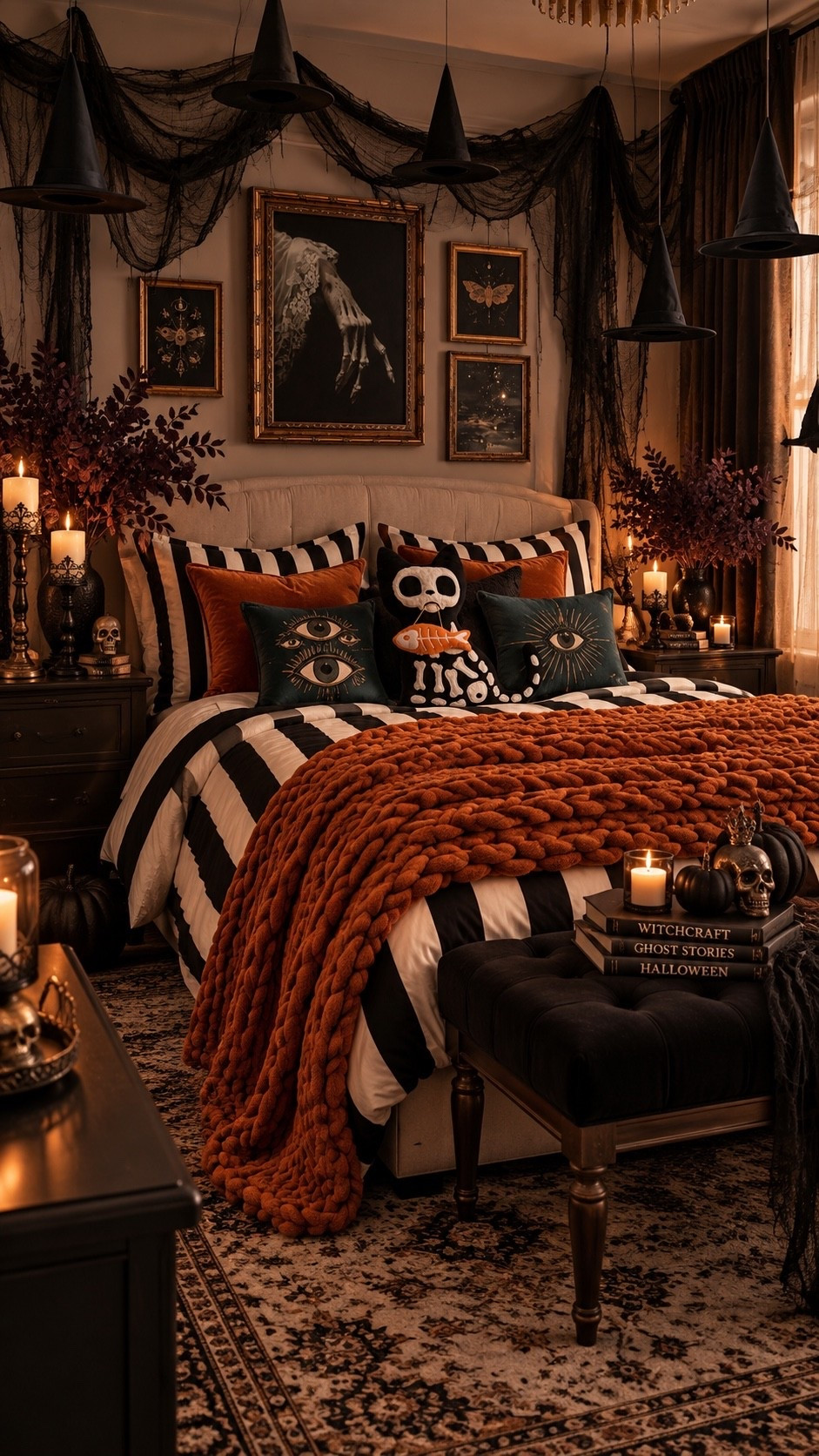 🖤🎃 Moody, cozy & a little witchy ✨ Create the ultimate adult Halloween bedroom with striped bedding, gothic wall art, vintage candle holders, spooky pillows, burnt-orange knit blankets, plum foliage & hanging witch hats. 🕯️🧡

#LTKHome #LTKSeasonal