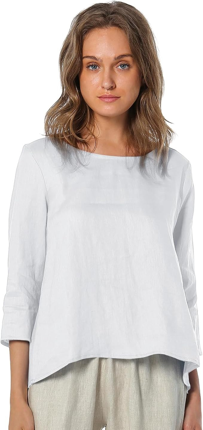 Amazhiyu Women's Linen 3/4 Sleeve Blouse Crew Neck Summer Casual Tops Loose Fit | Amazon (US)