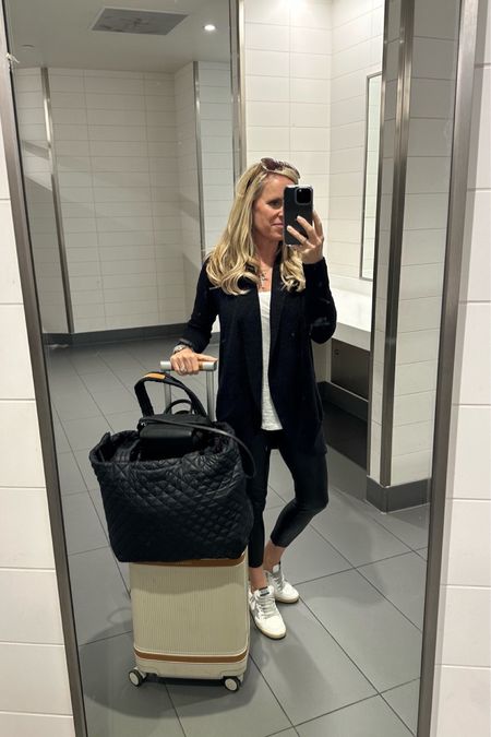 Favorite travel look! Barefoot Dreams cardigan Best White T $20! Commando Faux Leather Leggings Golden Goose sneakers Best carry one suitcase that rolls like a dream! Parabelle aviator plus suitcase Best Travel Tote MZ Wallace large metro Tate deluxe

#LTKstyletip #LTKshoecrush #LTKtravel