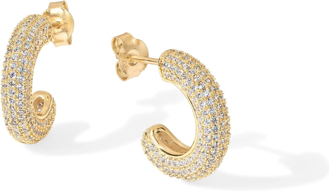 PAVOI 14K Gold Plated 925 Sterling Silver Post Cubic Zirconia Chunky Hoop Earrings - Thick Lightw... | Amazon (US)