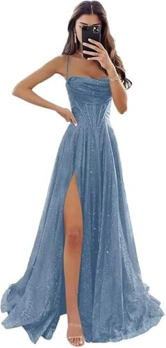 FoinLuve Glitter Sequin Dusty Blue Prom Dresses for Women 2025 Long Cowl Neck Sparkly Corset Formal Evening Gowns with Pockets Dusty Blue 04 | Amazon (US)