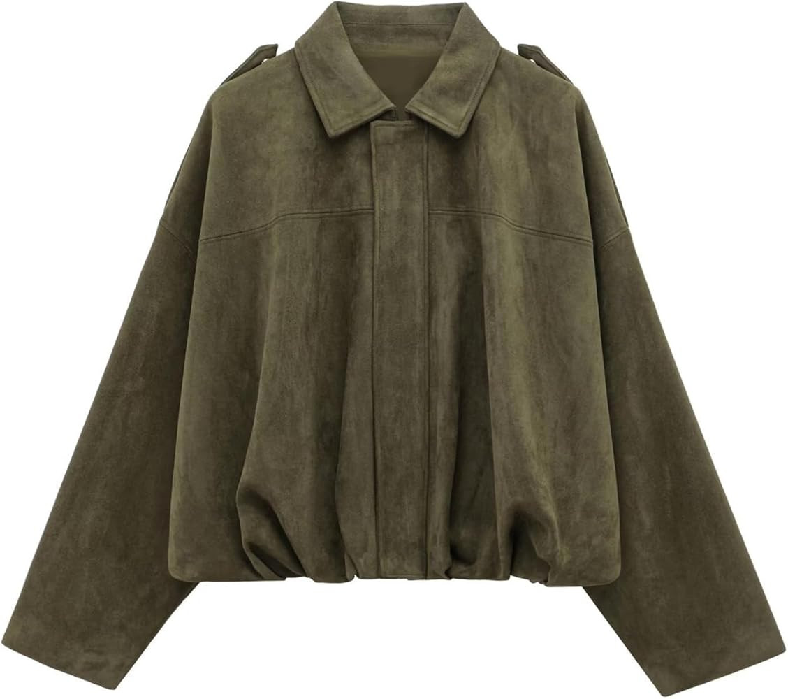WOWULOVELY Women's Faux Suede Bomber Jacket Lapel Pilot Pocket Coat Casual Oversized Long Dolman ... | Amazon (US)