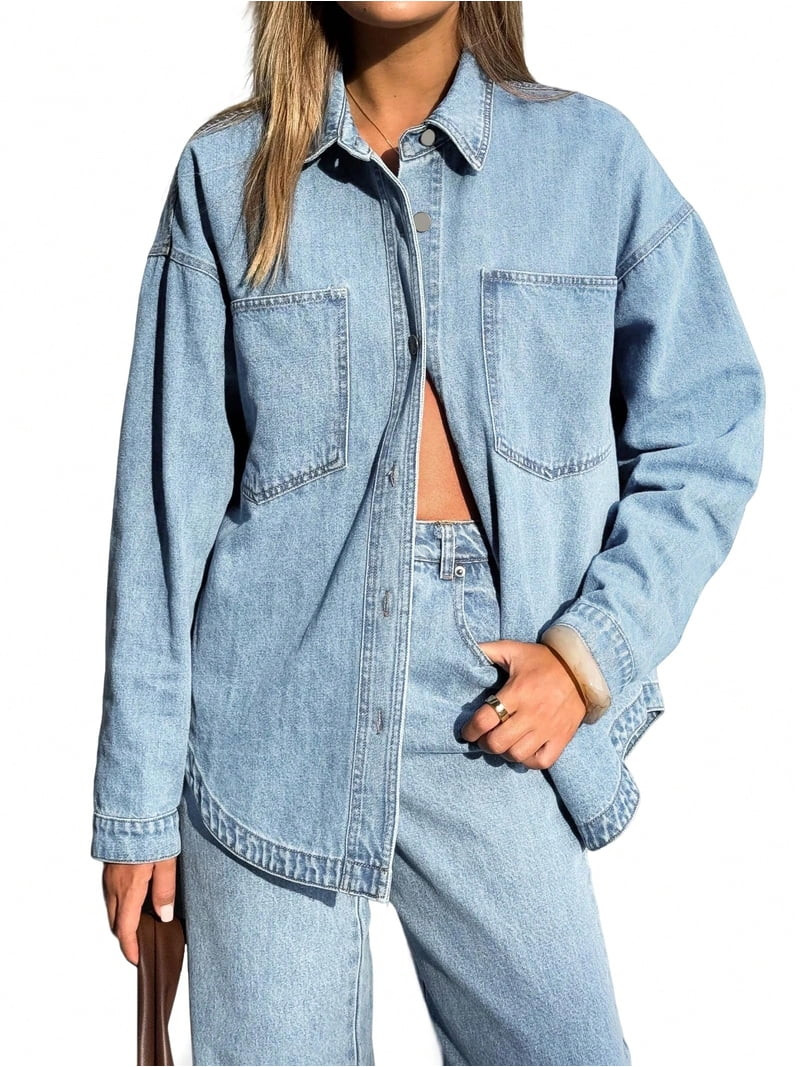 EMMIOL Women's Y2K Oversized Denim Shirt Jacket Long Sleeve Button Down Distressed Jean Blouse 20... | Walmart (US)