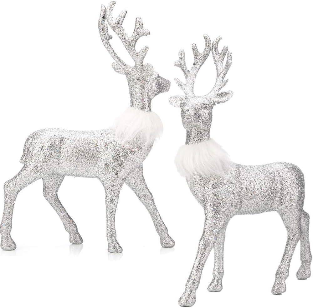 SANNO 12" Glitter Reindeer Decorations Two Christmas Decor Holiday Reindeer Figurines Standing Si... | Amazon (US)