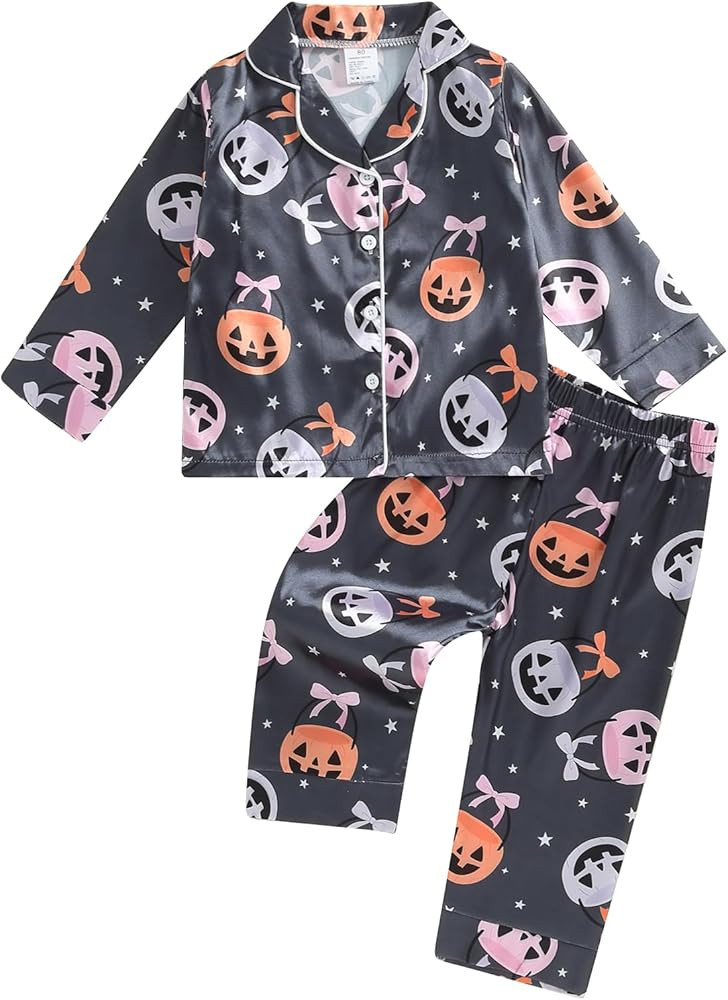 Kids Girls Christmas Pajamas Baby Bow/Candy Cane Button Down Tops + Pants Toddler Satin Sleepwear... | Amazon (US)