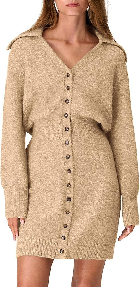 PRETTYGARDEN Womens Fall Sweater Dress Long Sleeve V Neck Button Down Knit Pullover Short Dresses | Amazon (US)