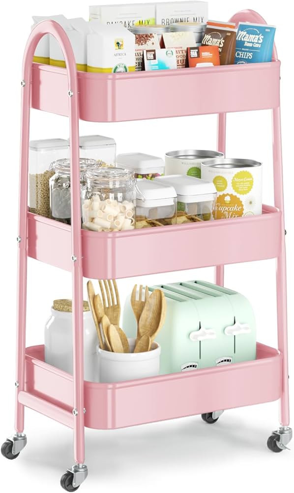 EAGMAK 3 Tier Utility Rolling Cart, Metal Storage Cart with Handle and Lockable Wheels, Multifunc... | Amazon (US)