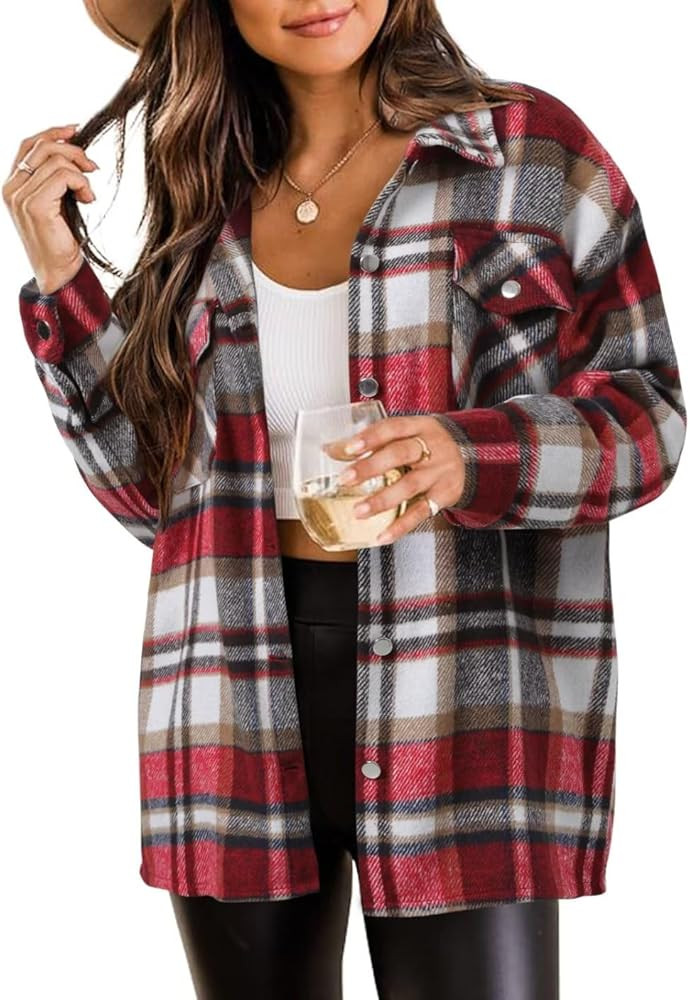 ZOLUCKY Womens Shackets Jacket Plus Size Long Sleeve Button Down Shirts Blouses Tops | Amazon (US)