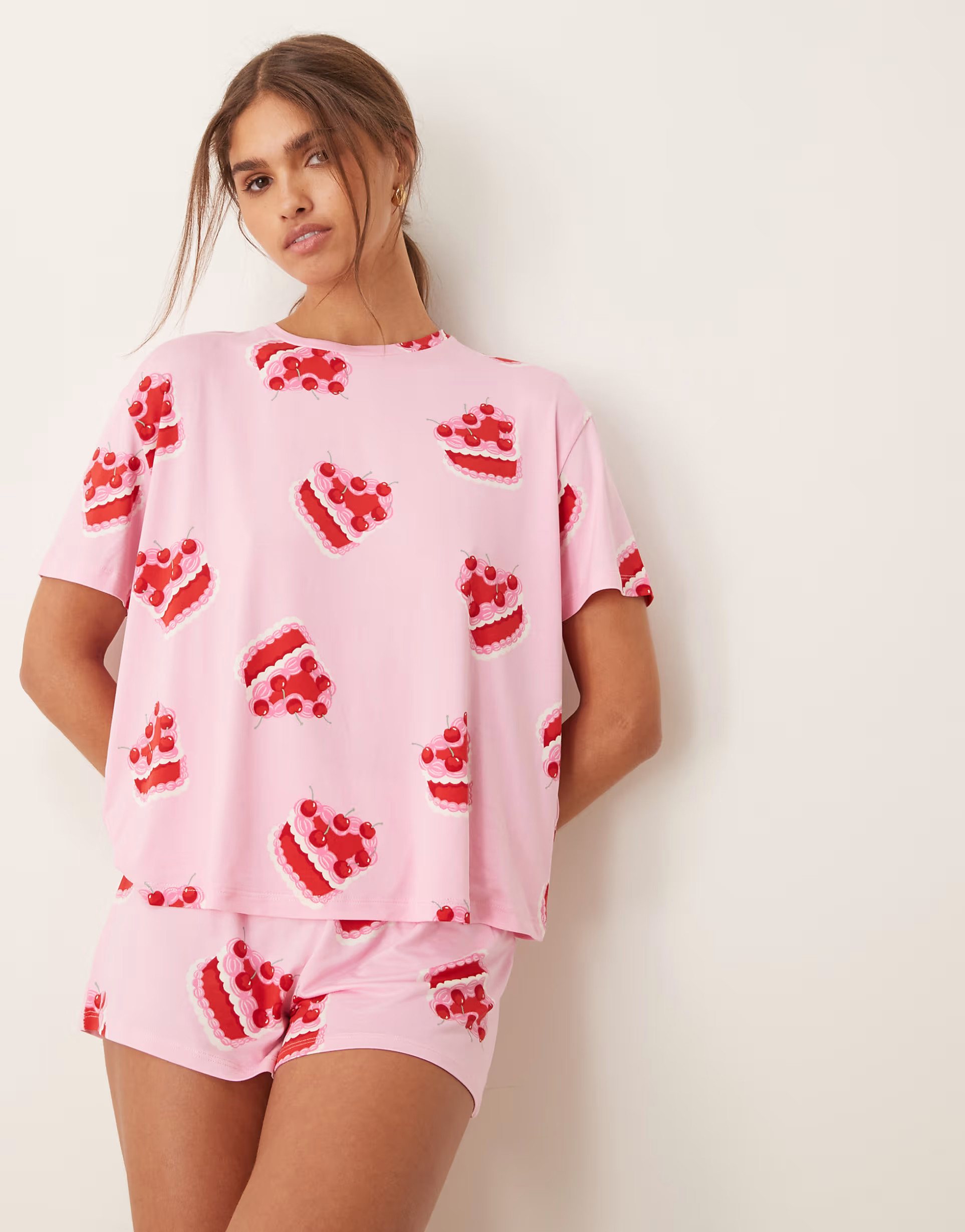 Urban Threads poly oversized t-shirt and short pajama set in heart cake print | ASOS (Global)