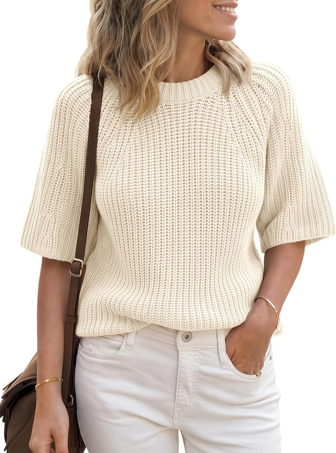Saodimallsu Womens Short Sleeve Cropped Sweater Tops Casual Knit Pullovers | Amazon (US)