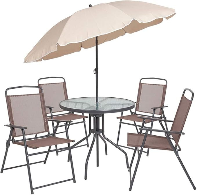 Flash Furniture Nantucket 6-Piece Patio Dining Set with Glass Table, 4 Folding Chairs, and Umbrel... | Amazon (US)