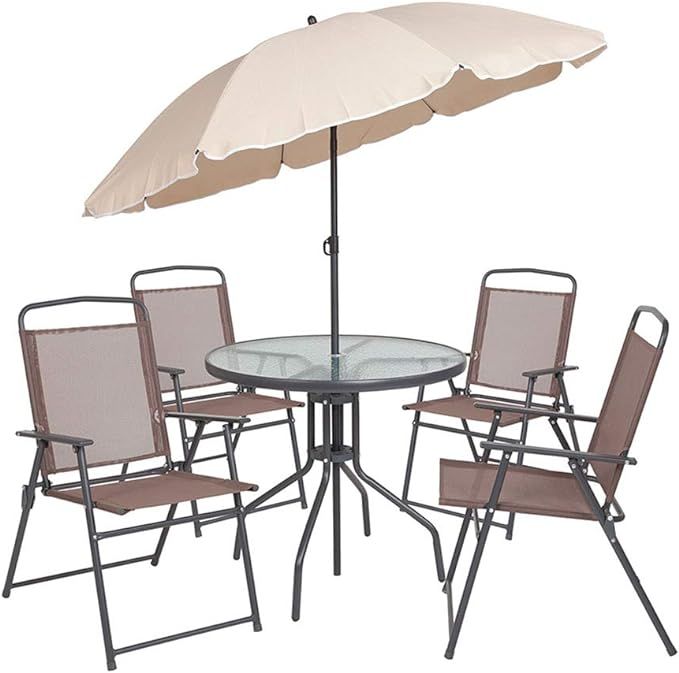 Flash Furniture Nantucket 6-Piece Patio Dining Set with Glass Table, 4 Folding Chairs, and Umbrel... | Amazon (US)