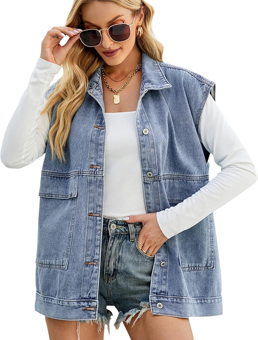 Huaqiao Womens Denim Vest Mid long Jacket Jean Sleeveless Vest with Pockets | Amazon (US)