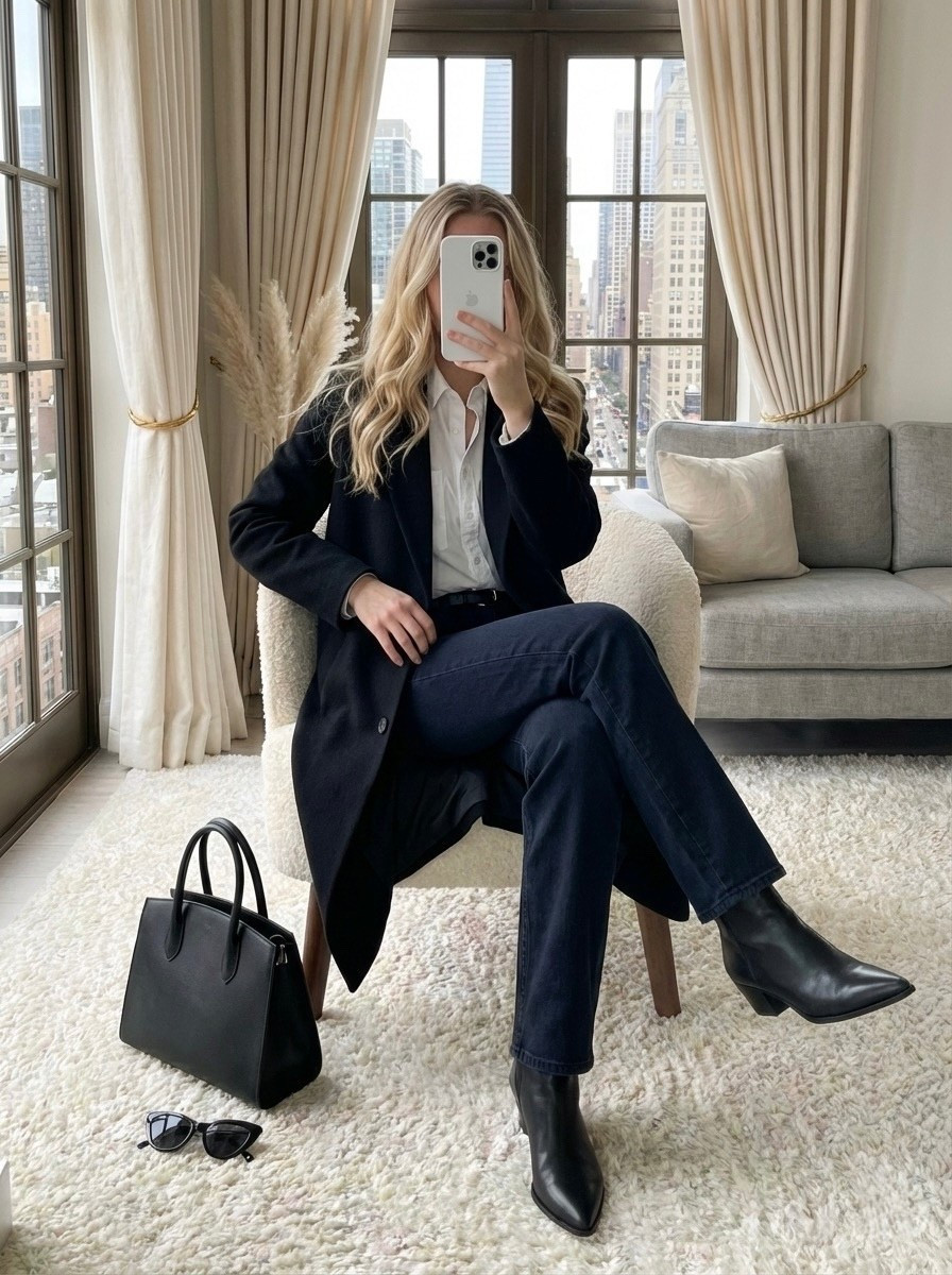 Effortless winter neutrals with a polished, everyday feel. This coat-and-denim formula is all about clean lines, structured layers, and minimal black accents — the kind of outfit that always looks put-together with zero effort. The crisp white button-down and dark denim keep it classic, while the sleek black accessories add a refined, modern finish.

🖤 Style Notes:
• Oversized black coat for a sharp, elevated layer
• Crisp white button-down to keep it clean + timeless
• Dark denim for a streamlined, polished base
• Sleek black ankle boots for a refined finish
• Minimal black handbag and sunglasses to tie it all together

#LTKootd #LTKHoliday #LTKgrwm