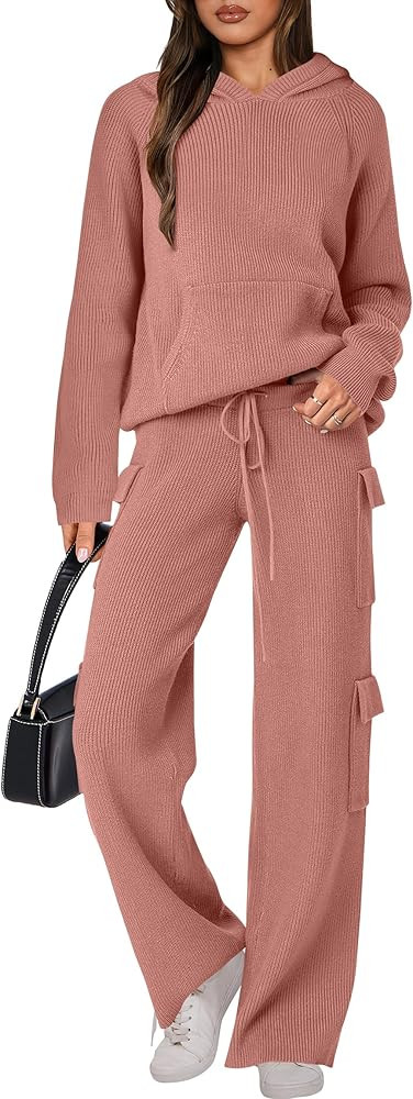 ANRABESS Women’s Two Piece Outfits Casual Knit Hooded Sweater Straight Leg Pants Set 2024 Fall ... | Amazon (US)