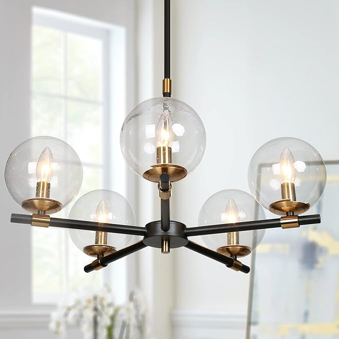 ZEVNI Globe Chandeliers, 5-Light Dining Room Light Fixture, Modern Black Gold Chandeliers with Cl... | Amazon (US)