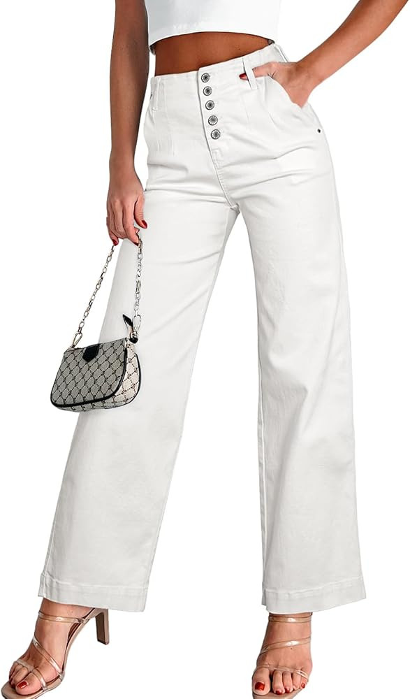 Sidefeel Women's Wide Leg Jeans High Waisted Button Fly Stretchy Straight Legs Denim Pants | Amazon (US)
