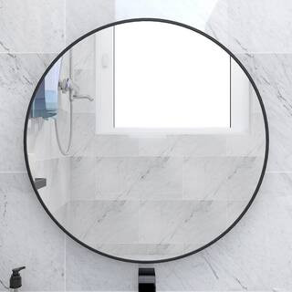 24 in. W x 24 in. H Round Metal Framed Wall Bathroom Vanity Mirror in Black | The Home Depot