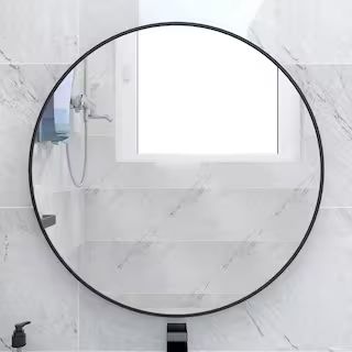 tunuo 24 in. W x 24 in. H Round Metal Framed Wall Bathroom Vanity Mirror in Black SF-WM2424B - Th... | The Home Depot