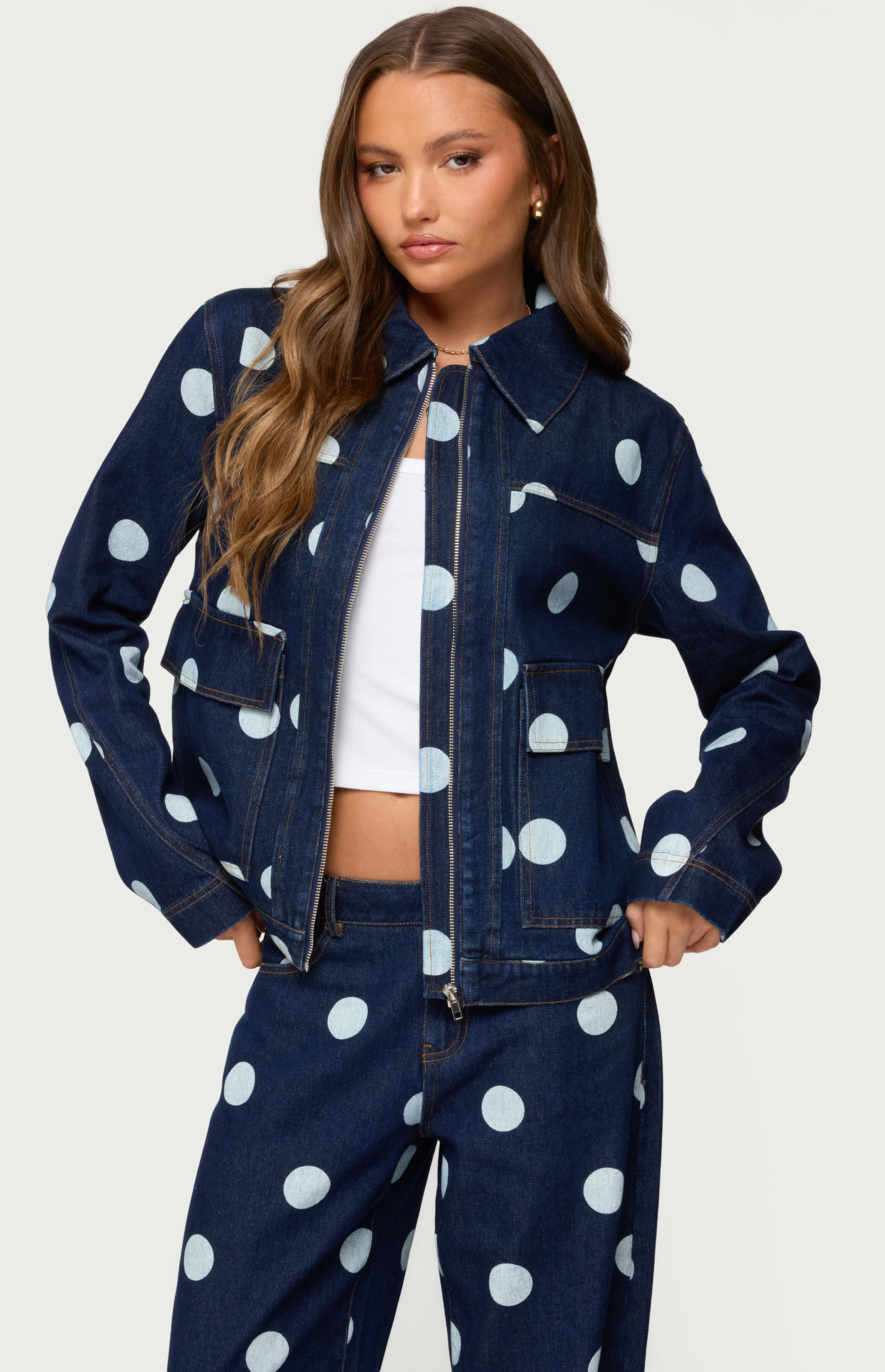 Edikted Leyah Polka Dot Oversized Denim Jacket | PacSun