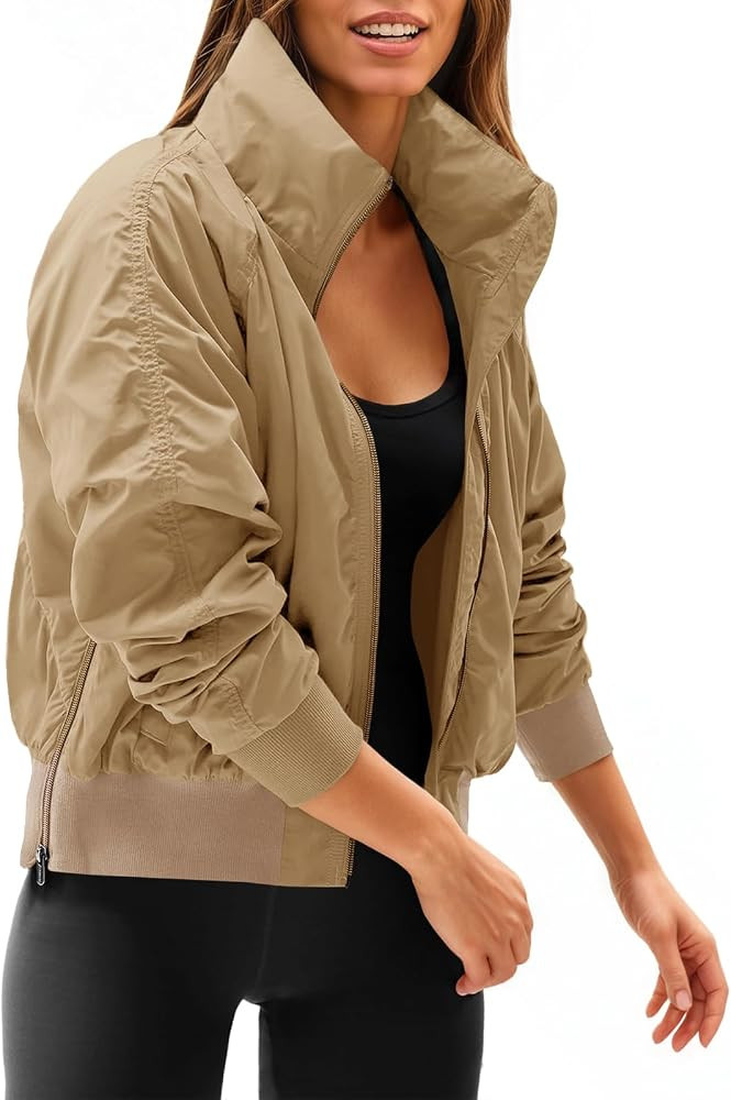 Fisoew Womens Windbreaker Crop Jackets Long Sleeve Zip Up Hidden Hooded Winter Bomber Jacket with... | Amazon (US)