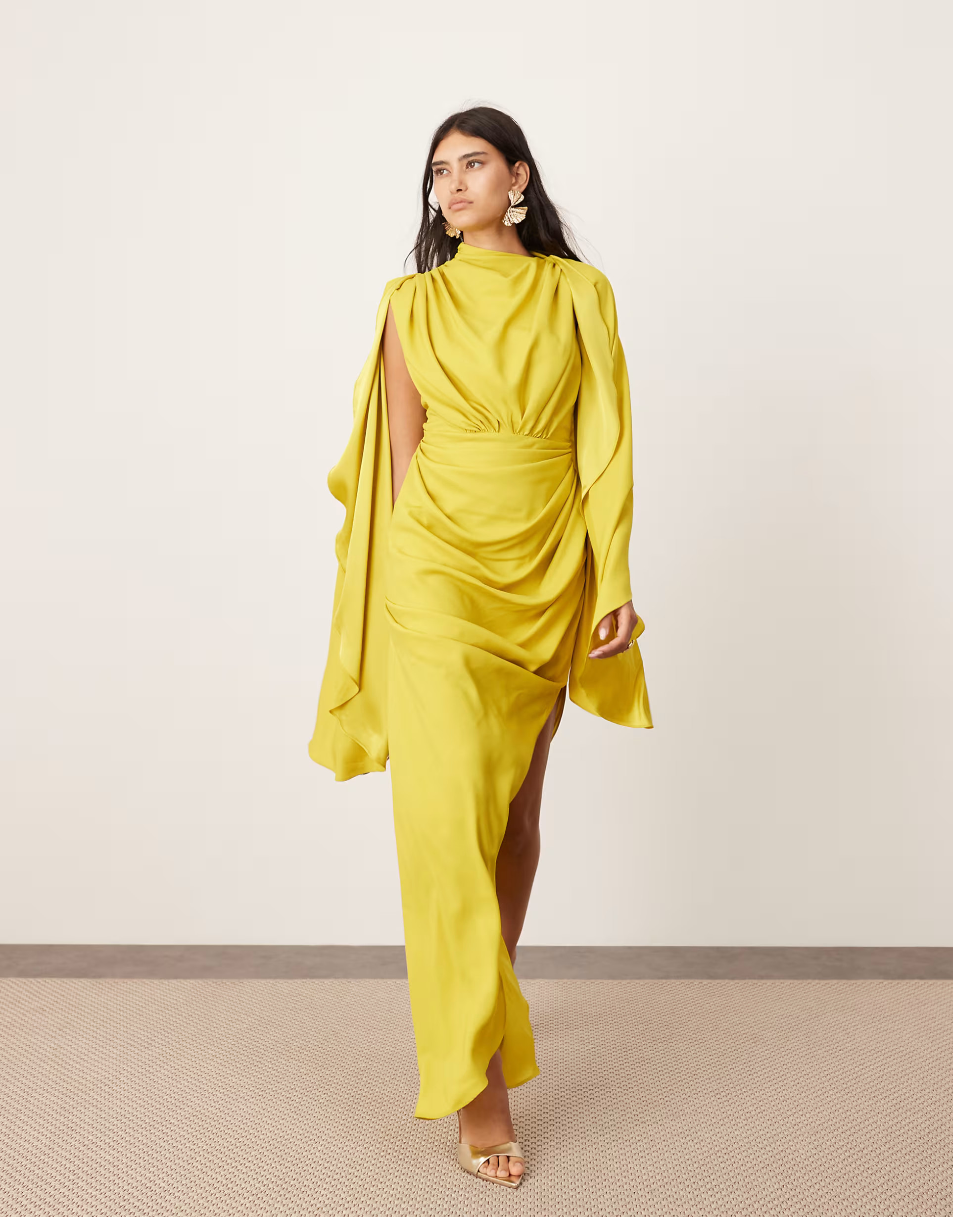 ASOS EDITION satin extreme sleeve maxi dress with ruching in chartreuse | ASOS (Global)