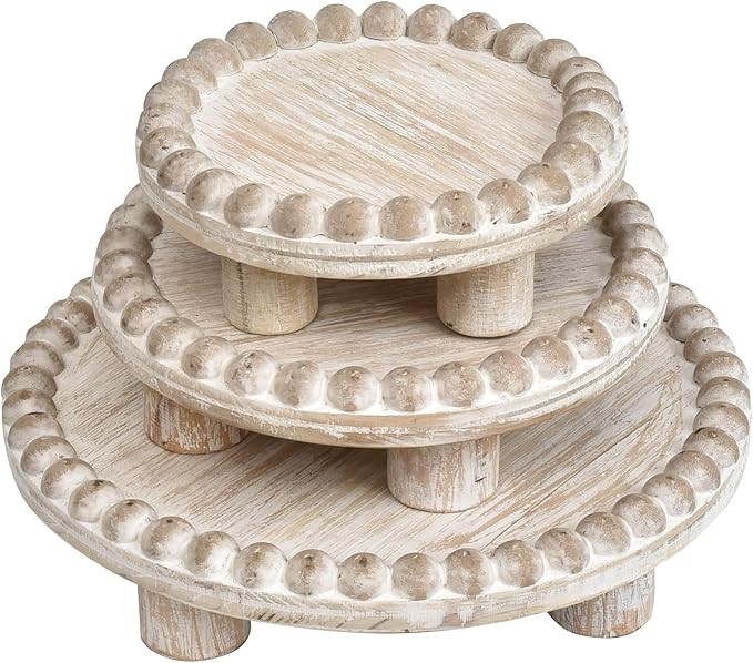 Set of 3 Miniature Wooden Decorative Beaded Risers, Rustic Farmhouse-Styled Round Pedestal Stands... | Amazon (US)