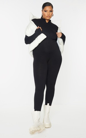 Plus Black Zip Up Long Sleeve Jumpsuit | PrettyLittleThing US
