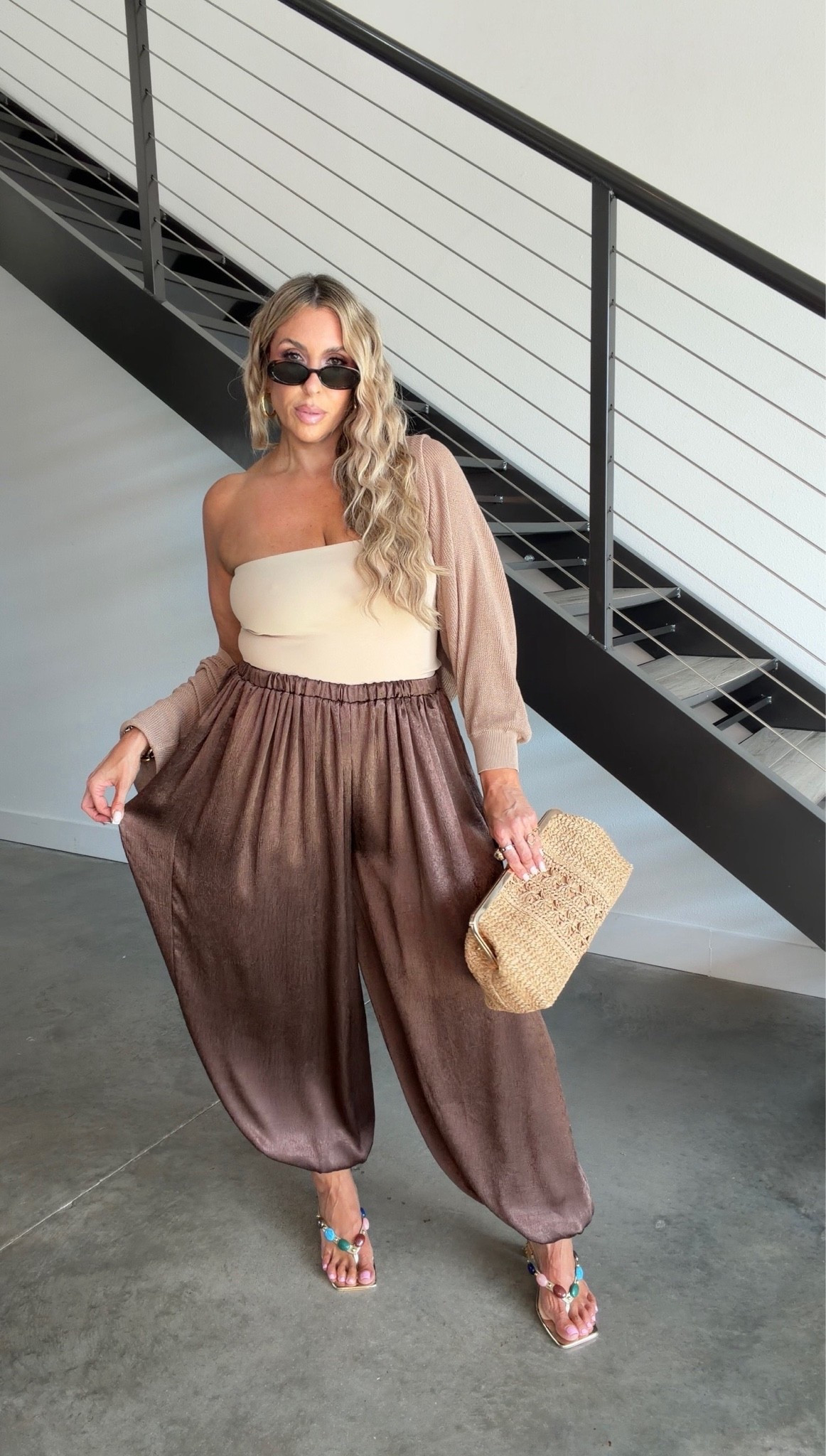 arm and tummy friendly outfits. 

bolero XXL color: khaki 
double lined tube top: L (size down) 
satin balloon pants size med (size down 1-2 sizes) 

linked other options to pair

#LTKMidsize #LTKOver40