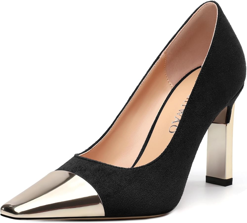 Women's Pumps, Square Toe High Heels, Fashion Patchwork Color Slip On Chunky Heel Shoes for Women | Amazon (US)