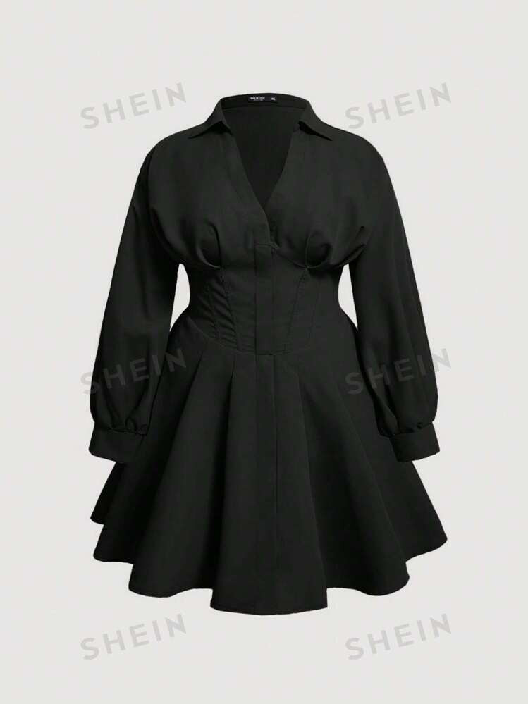 SHEIN MOD Plus Size Solid Color Long Sleeve A-Line Summer Dress | SHEIN