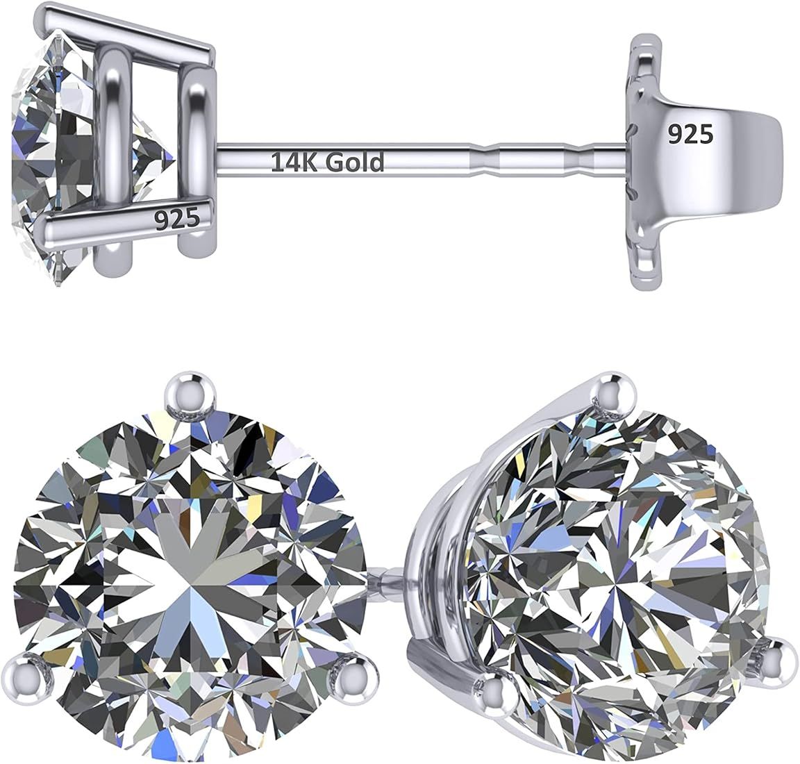 14K Gold Post & Sterling Silver Pure Brilliance Zirconia 3 Prong Martini Style Stud Earrings 1.0c... | Amazon (US)