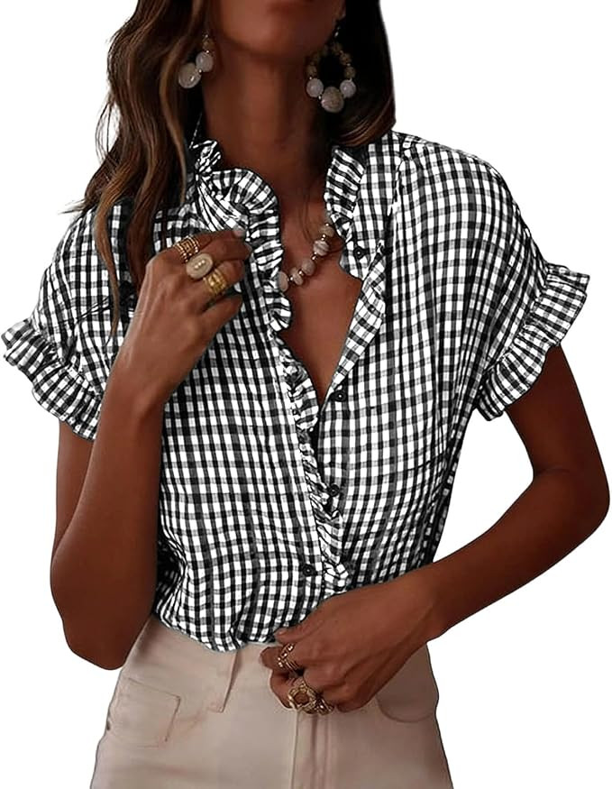 Women Plaid Ruffle Shirt Short Sleeve Button Down Top V Neck Loose Fit Summer Casual Gingham Work... | Amazon (US)