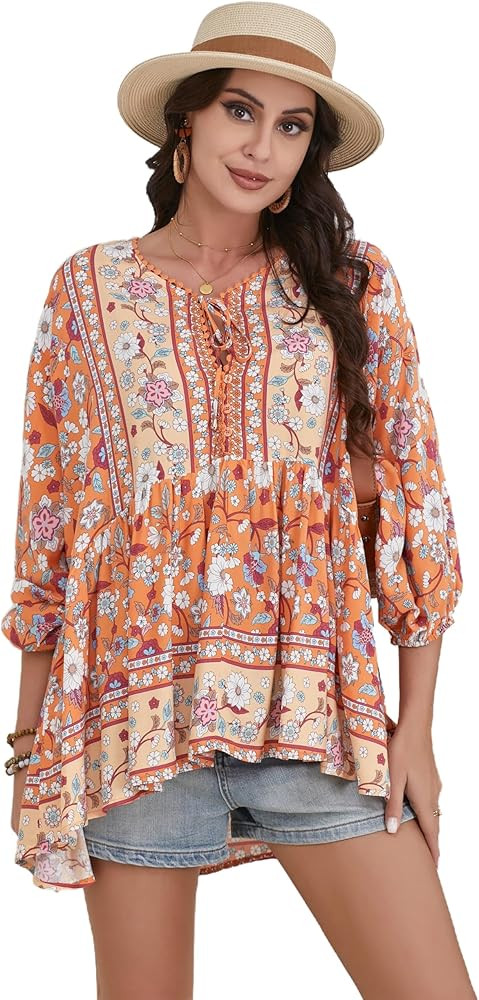 Women's Boho Tops V-Neck Blouses 3/4 Sleeves Floral Print Tunics | Amazon (US)